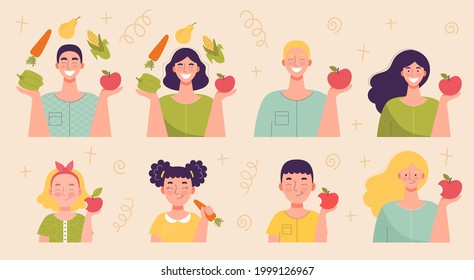 Adult Men And Women And Children With Fruits And Vegetables. Healthy Food, Vitamins, Harvesting, Vegetarian Diet. Flat Vector Illustration, Set