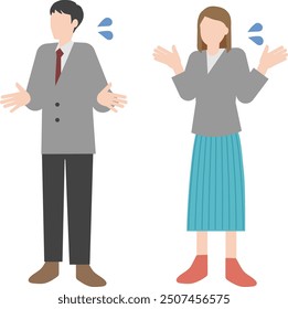 Adult men and women in a hurry  or being troubled posing with their hands up