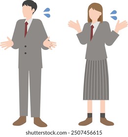 Adult men and women in a hurry  or being troubled posing with their hands up