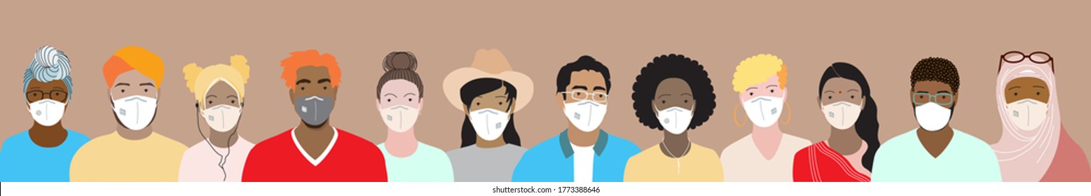 Adult men and women wearing protective medical face masks standing together in row. International community diverse people vector illustration. Multiethnic group, students. Cultural, religion equality