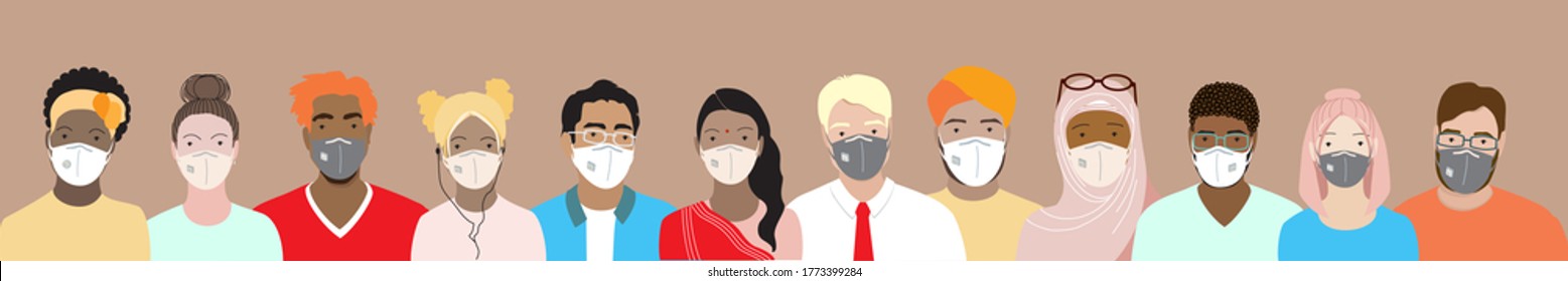 Adult men and women wearing protective medical face masks standing together in row. International community diverse people vector illustration. Multiethnic group, students. Cultural, religion equality