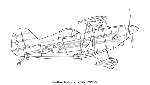 Adult military aircraft coloring page for book and drawing. Airplane. War-plane. Vector illustration. Vehicle. Graphic element. Plane. Black contour sketch illustrate Isolated on white background.