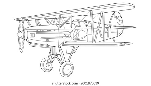 Adult military aircraft coloring page for book   drawing  Airplane  War  plane  Vector illustration  Vehicle  Graphic element  Plane  Black contour sketch illustrate Isolated white background 