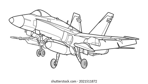 Adult military aircraft coloring page for book and drawing. Airplane. War-plane. Vector illustration. Vehicle. Graphic element. Plane. Black contour sketch illustrate Isolated on white background.