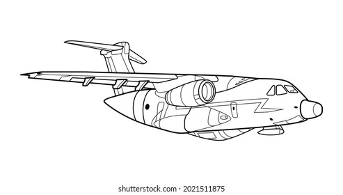 Adult military aircraft coloring page for book and drawing. Airplane. War-plane. Vector illustration. Vehicle. Graphic element. Plane. Black contour sketch illustrate Isolated on white background.