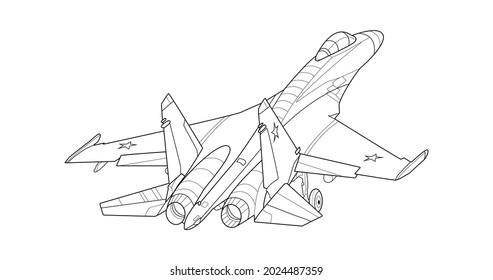 Adult military aircraft coloring page for book and drawing. Vector illustration. Airplane. War-plane. Vehicle. Graphic element. Plane. Black contour sketch illustrate Isolated on white background.