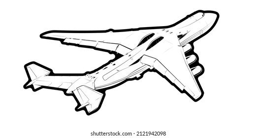 Adult military aircraft coloring page for book and drawing. Airplane. War-plane. Vector illustration. Vehicle. Graphic element. Plane. Black contour sketch illustrate Isolated on white background.