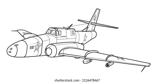 Adult military aircraft coloring page for book and drawing. Airplane. War-plane. Vector illustration. Vehicle. Graphic element. Plane. Black contour sketch illustrate Isolated on white background.