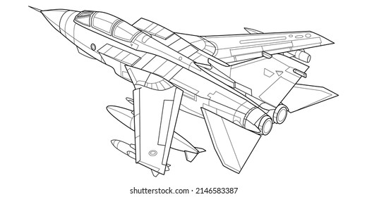 Adult military aircraft coloring page for book and drawing. Airplane. War-plane. Vector illustration. Vehicle. Graphic element. Plane. Black contour sketch illustrate Isolated on white background.