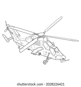 Adult military helicopter coloring page for book. Copter and Aircraft. Vector illustration. Vehicle war-plane Graphic element. chopper. Black contour sketch illustrate Isolated on white background