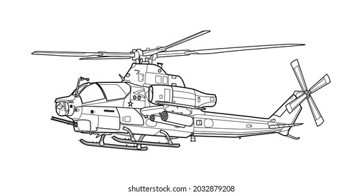 Adult military helicopter coloring page for book. Copter and Aircraft. Vector illustration. Vehicle war-plane Graphic element. chopper. Black contour sketch illustrate Isolated on white background