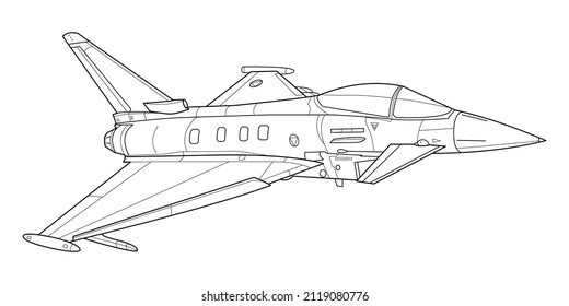 Adult military jet coloring page for book and drawing. Airplane and Aircraft. Vector illustration. Vehicle war-plane Graphic element Plane. Black contour sketch illustrate Isolated on white background