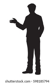 Adult modern elegant guy at casual office labor isolated on white backdrop. Dark ink drawn picture logo in retro art engraving print style with space for text on wall