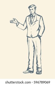 Adult modern handsome elegant guy at casual office labor isolated on white backdrop. Freehand outline ink drawn picture icon sketchy in retro art doodle style pen on paper with space for text on wall
