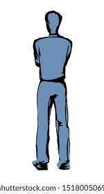 Adult modern single handsome slim smart tall boy line on white backdrop. Freehand outline black ink drawn cold human pose picture logo sign icon sketchy in retro art doodle style on paper text space