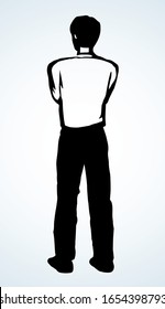 Adult modern single handsome slim smart tall boy line on white backdrop. Line black ink drawn cold human pose picture logo sign icon pictogram emblem. Retro art doodle print style on paper text space