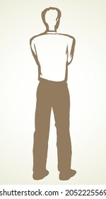 Adult modern single handsome slim smart tall boy line on white backdrop. Bright color drawn cold human pose picture logo sign icon pictogram design concept retro art doodle style on paper text space