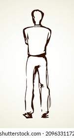 Adult modern single handsome slim smart tall boy line on white backdrop. Freehand outline black ink drawn cold human pose picture logo sign icon sketchy in retro art doodle style on paper text space