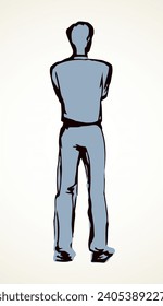Adult modern single handsome slim smart tall boy line on white backdrop. Freehand outline black ink drawn cold human pose picture logo sign icon sketchy in retro art doodle style on paper text space