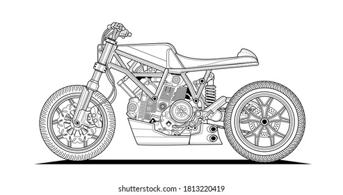 Adult motorcycle coloring page for book and drawing. Cafe style. Race. Moto vector illustration. High speed drive vehicle. Graphic element. Black contour sketch illustrate Isolated on white background