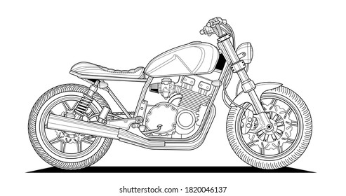 Adult motorcycle coloring page for book and drawing. Cafe style. Race. Moto vector illustration. High speed drive vehicle. Graphic element. Black contour sketch illustrate Isolated on white background