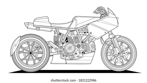 Página de coloreado de moto para adultos para libros y dibujos. Estilo café. Raza. Ilustración vectorial moto. Vehículo de alta velocidad. Elemento gráfico. Esbozo de contorno negro ilustra Aislado sobre fondo blanco