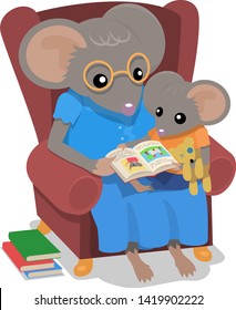 An adult mouse reads a story to a child mouse