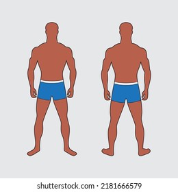 Adult muscular man. Impersonal character in blue swimming trunks. Front and back view. Standard male figure. Correct physique and body proportions. Slim tall guy. Symmetrical male silhouette.