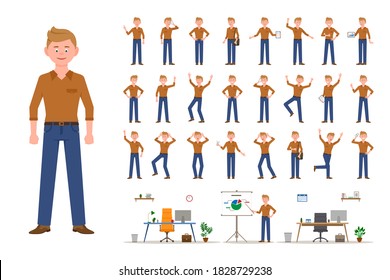Adult office cartoon character man in jeans standing front view flat style design vector illustration set. Male person wearing jeans, body poses, face emotions, desk, chair office interior infographic