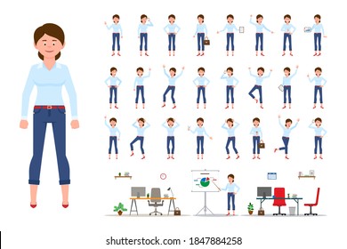 Adult office cartoon character woman in casual clothes standing front view flat style design vector illustration set. Female person wearing jeans, body poses, face emotions, desk, chair office