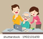 adult online education concept using a family on a laptop computer at home,man and woman teaching elderly man using a laptop computer