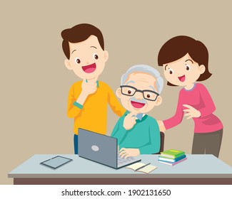 adult online education concept using a family on a laptop computer at home,man and woman teaching elderly man using a laptop computer