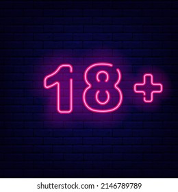 Adult only 18 plus neon signboard. Age restrictions concept. Night bright banner. Intimate items. Outer glowing effect. Editable stroke. Isolated vector illustration