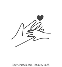 Adult Palm holding small hand Icon. Family Love symbol. Parent with Child and heart shape in doodle sketch style. Vector illustration