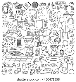 Adult Party hand drawn Set. Vector illustration of doodle holiday elements