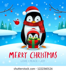 Adult Penguin And Baby Penguin In Christmas Snow Scene. Christmas Cute Animal Cartoon Character. 