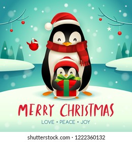 Adult penguin and baby penguin in Christmas snow scene. Christmas cute animal cartoon character. 