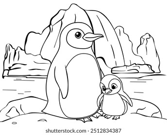An adult penguin and a small baby penguin among the icy rocks. Drawing for coloring. Vector contour illustration isolated on a white background. The page of the coloring book for children.