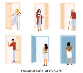 Adult people characters near home or office doors vector illustration