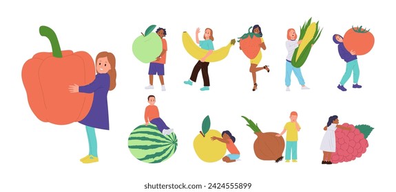 Personaje de dibujos animados de personas adultas y niños que llevan o abrazan frutas y verduras frescas y saludables