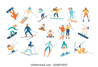 Adult people and children dressed in winter clothing snowboarding and skiing. Male and female cartoon ski and snowboard riders. Winter mountain sports activity. Vector illustration in flat style.