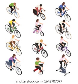 Adult people and children riding on sports road and walking bicycles isometric set isolated vector illustration