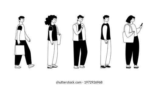 Adult people customers group in casual clothes standing in line queue