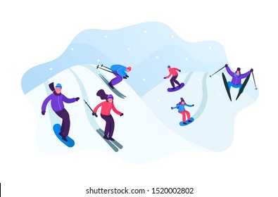 Adult People Dressed in Winter Clothing Skiing and Snowboarding. Male Female Riders Characters Having Fun and Winter Mountain Sports Activity. Resort Sport Spare Time Cartoon Flat Vector Illustration