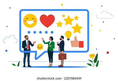 Adult people giving emoticon feedback such as stars, thumbs up. Customer feedback, user experience or client satisfaction, opinion for product and services, review rating or evaluation.