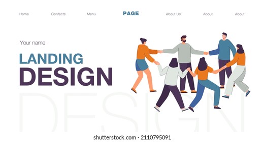 Adult people holding each others hand and leading round dance. Men and women going in circles together flat vector illustration. Friendship, family, multicultural society concept