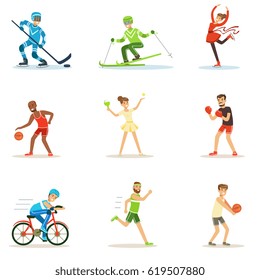 Adult People Practicing Different Olympic Sports Series Of Cartoon Characters In Sportive Uniform Participating In Competition