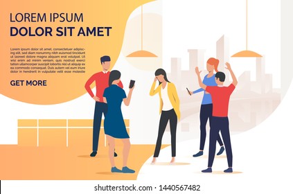 Adult people standing and bullying person. Abuse, hate, aggression concept. Presentation slide template. Vector illustration for topics like discrimination, violence, bullying
