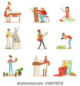 Adult People And Their Creative And Artistic Hobbies Series Of Cartoon Characters Doing Their Favorite Things