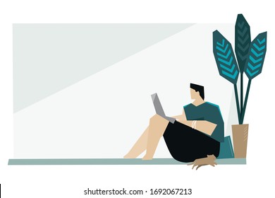 Adult person with a laptop computer working online from home flat lifestyle vector clipart. Modern house interior scene with barefoot man or woman sitting figure, relaxed cat, large tropical plant.